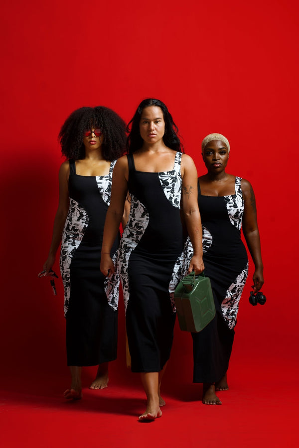 Square Neck Abstract Dress Midi in Black/Sisterhood - Manners London