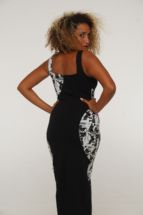 Square Neck Abstract Dress Midi in Black/Sisterhood - Manners London