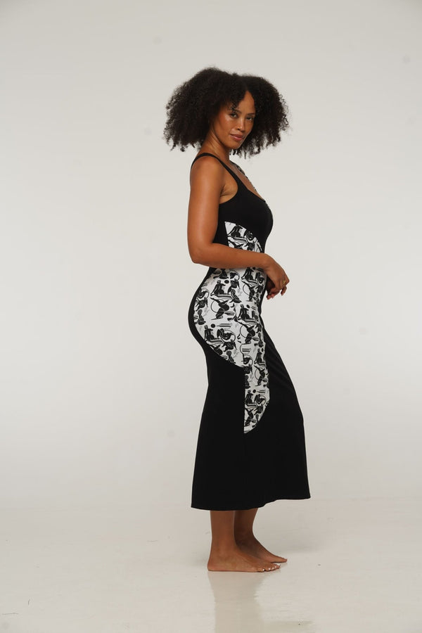 Square Neck Abstract Dress Midi in Black/Sisterhood - Manners London