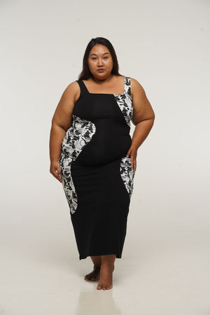 Square Neck Abstract Dress Midi in Black/Sisterhood - Manners London
