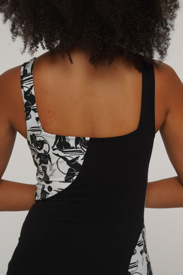 Square Neck Abstract Dress Midi in Black/Sisterhood - Manners London