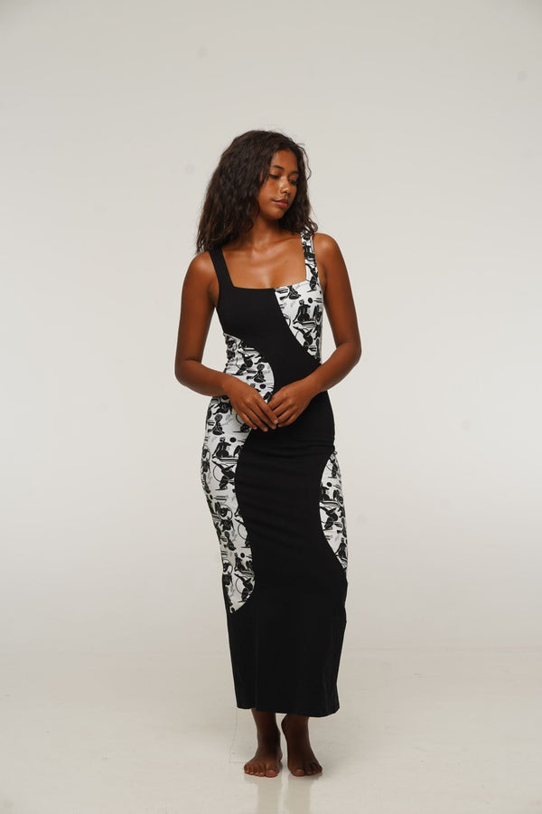 Square Neck Abstract Dress Midi in Black/Sisterhood - Manners London