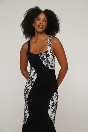 Square Neck Abstract Dress Midi in Black/Sisterhood - Manners London
