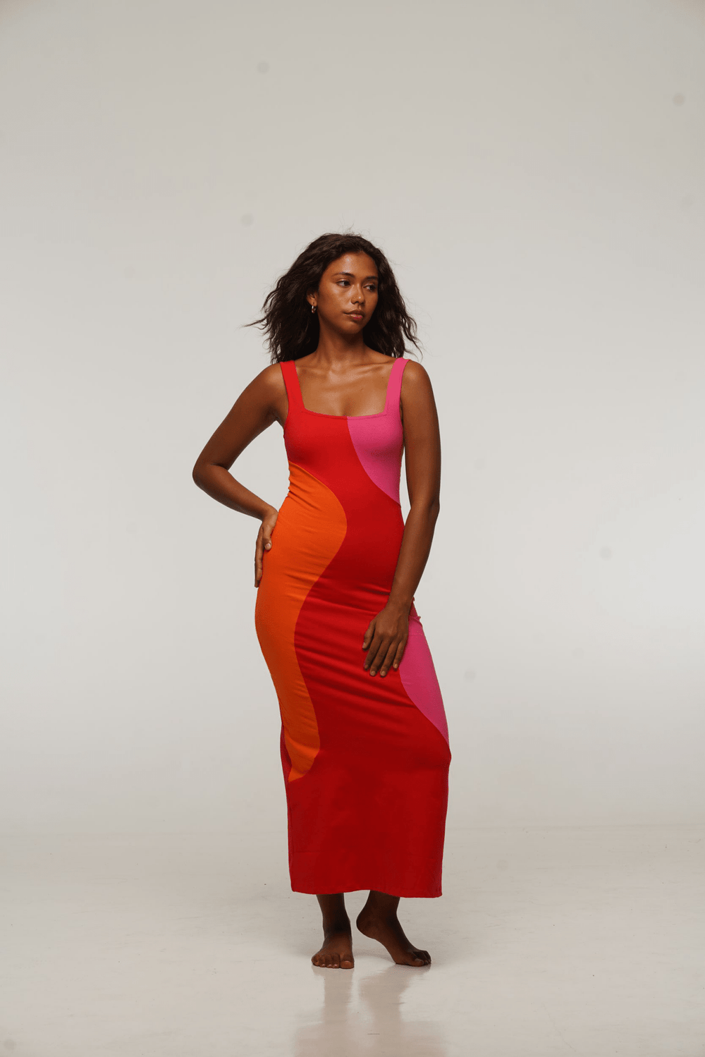 Square Neck Abstract Midi Dress in Flamin' hot - Manners London