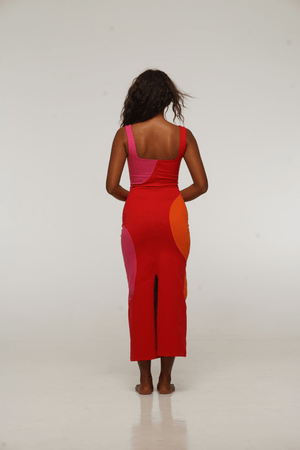 Square Neck Abstract Midi Dress in Flamin' hot - Manners London