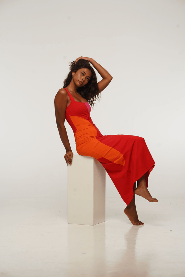 Square Neck Abstract Midi Dress in Flamin' hot - Manners London