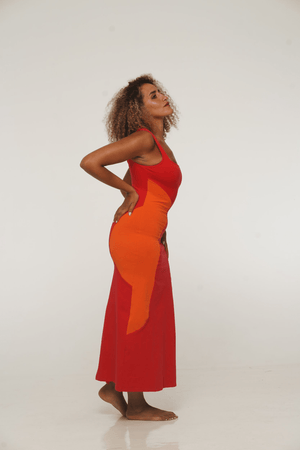 Square Neck Abstract Midi Dress in Flamin' hot - Manners London