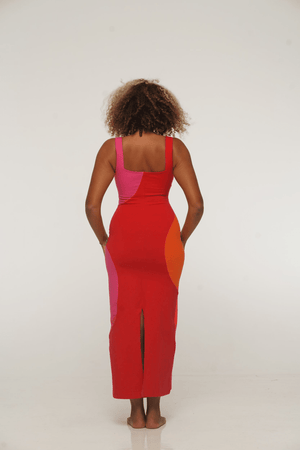 Square Neck Abstract Midi Dress in Flamin' hot - Manners London