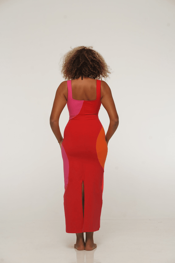 Square Neck Abstract Midi Dress in Flamin' hot - Manners London