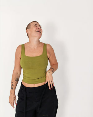 Square Neck Crop Vest in Guacomole - Manners London