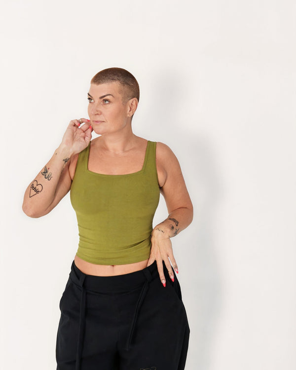 Square Neck Crop Vest in Guacomole - Manners London