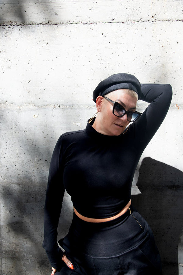 Turtle Neck Long Sleeve Crop Top with Hole in Black - Manners London