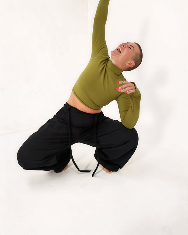 Turtle Neck Long Sleeve Crop Top with Hole in Guacomole - Manners London