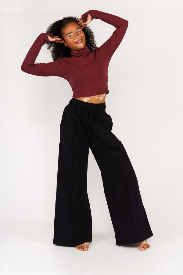 Turtle Neck Long Sleeve Crop Top with Hole in Tawny Port - Manners London