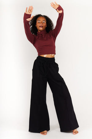Turtle Neck Long Sleeve Crop Top with Hole in Tawny Port - Manners London