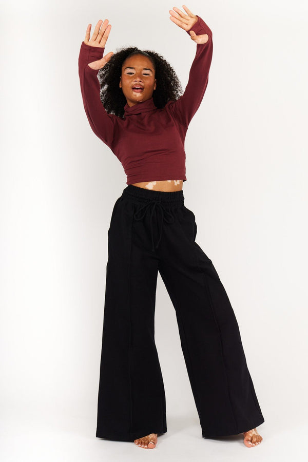 Turtle Neck Long Sleeve Crop Top with Hole in Tawny Port - Manners London