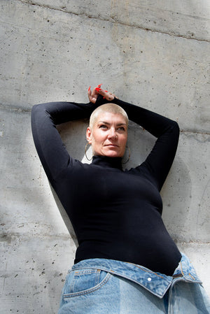 Turtle Neck Long Sleeve Full Length Top with Hole in Black - Manners London