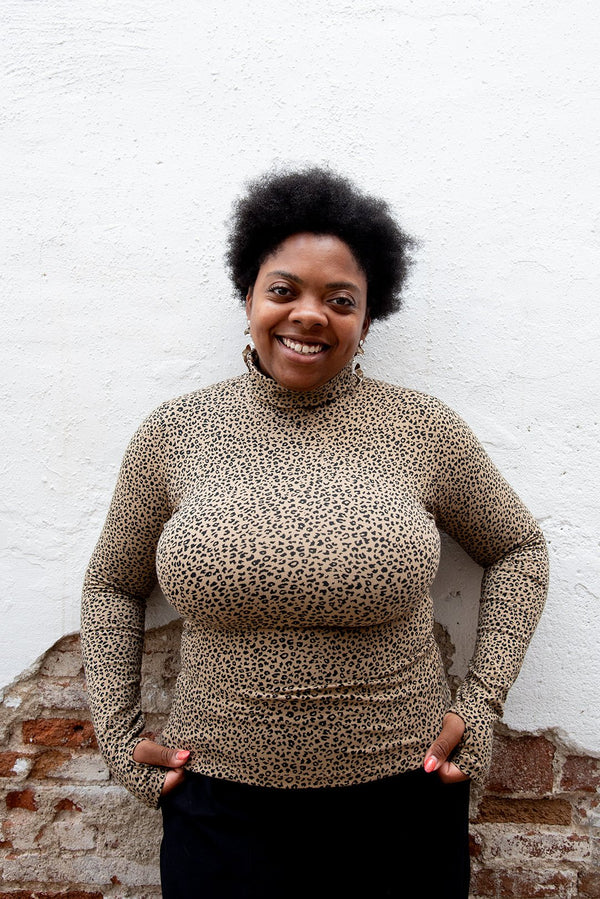 Turtle Neck Long Sleeve Full Length Top with Hole in Classic Leopard - Manners London
