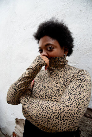 Turtle Neck Long Sleeve Full Length Top with Hole in Classic Leopard - Manners London