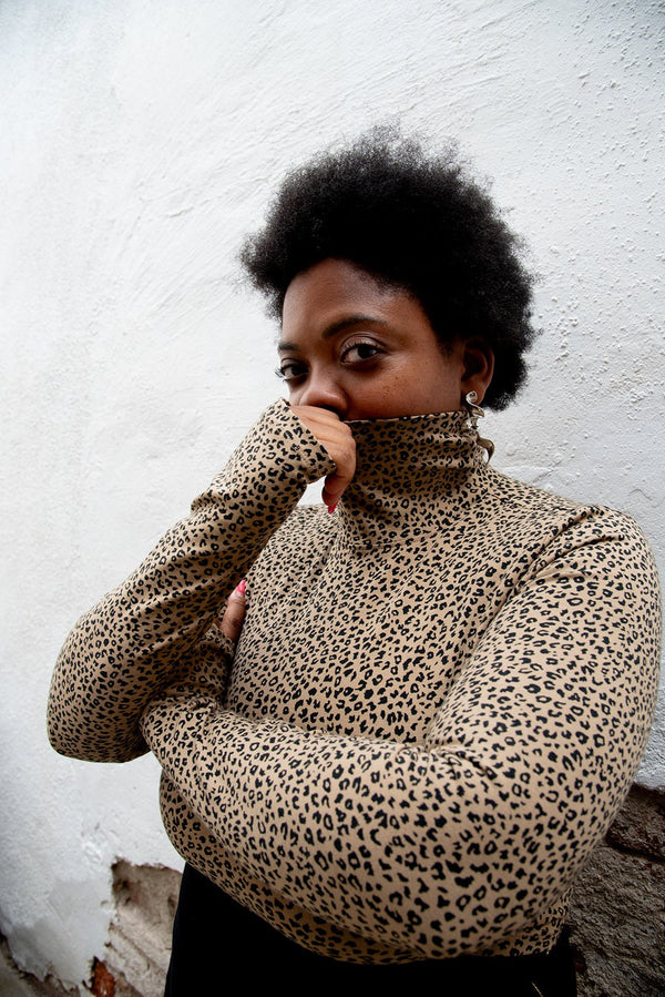 Turtle Neck Long Sleeve Full Length Top with Hole in Classic Leopard - Manners London