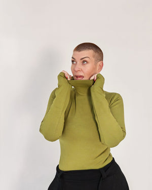 Turtle Neck Long Sleeve Full Length Top with Hole in Guacomole - Manners London