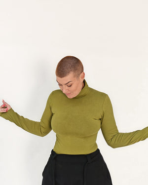 Turtle Neck Long Sleeve Full Length Top with Hole in Guacomole - Manners London