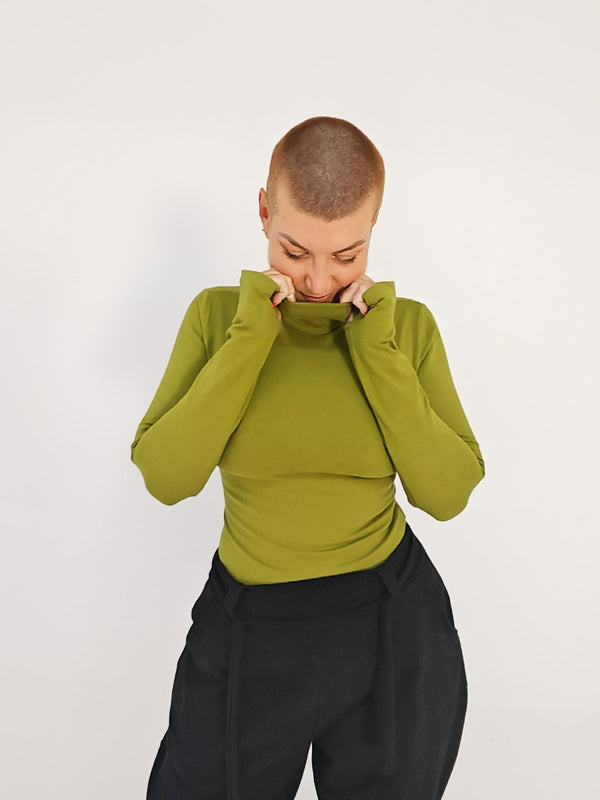 Turtle Neck Long Sleeve Full Length Top with Hole in Guacomole - Manners London