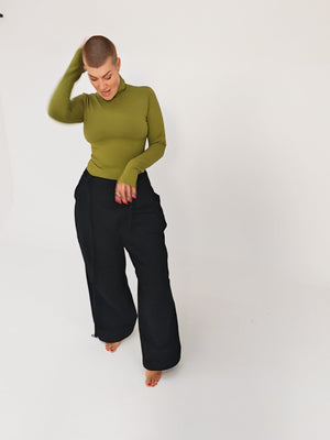 Turtle Neck Long Sleeve Full Length Top with Hole in Guacomole - Manners London