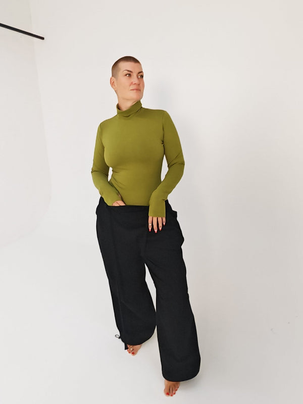 Turtle Neck Long Sleeve Full Length Top with Hole in Guacomole - Manners London