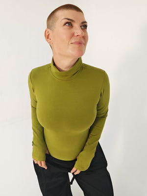 Turtle Neck Long Sleeve Full Length Top with Hole in Guacomole - Manners London