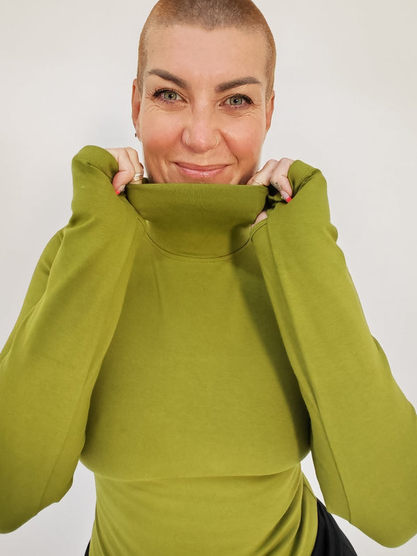 Turtle Neck Long Sleeve Full Length Top with Hole in Guacomole - Manners London