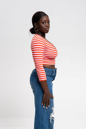 U Front Crop Top (7/8 sleeves) In Tomato Red on Bubblegum Pink!  - Manners London