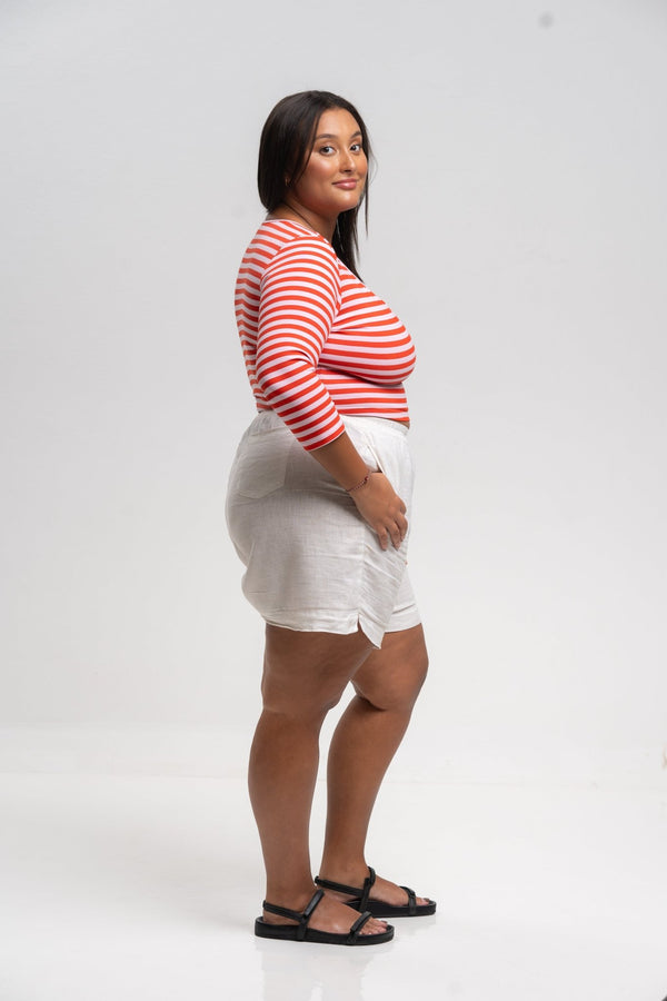 U Front Crop Top (7/8 sleeves) In Tomato Red on Bubblegum Pink!  - Manners London