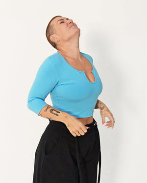 U Front Crop Top with sleeves in Crystal Seas - Manners London