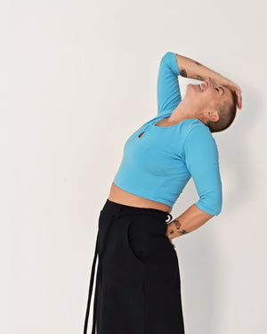 U Front Crop Top with sleeves in Crystal Seas - Manners London