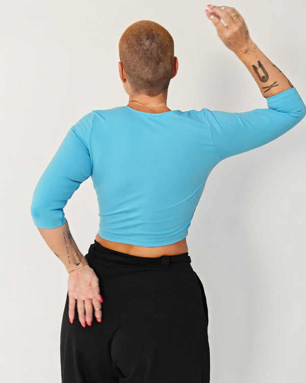 U Front Crop Top with sleeves in Crystal Seas - Manners London