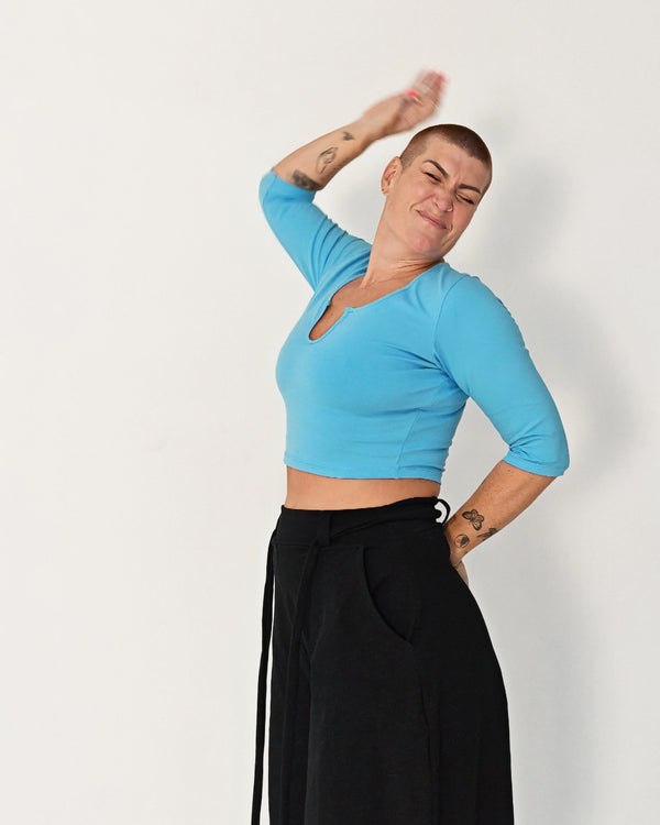 U Front Crop Top with sleeves in Crystal Seas - Manners London