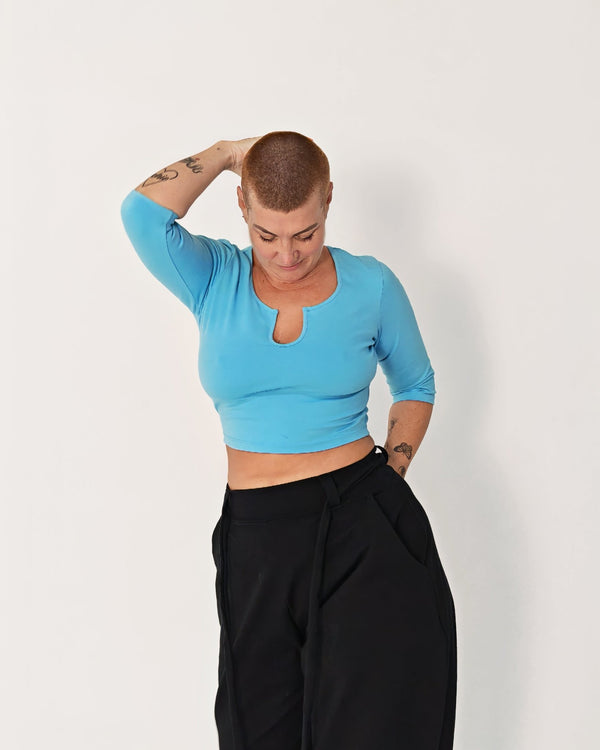 U Front Crop Top with sleeves in Crystal Seas - Manners London