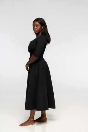 U Front Dress Midi Regular A - line (6/7 sleeves) in Black - Manners London