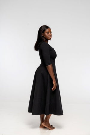 U Front Dress Midi Regular A - line (6/7 sleeves) in Black - Manners London