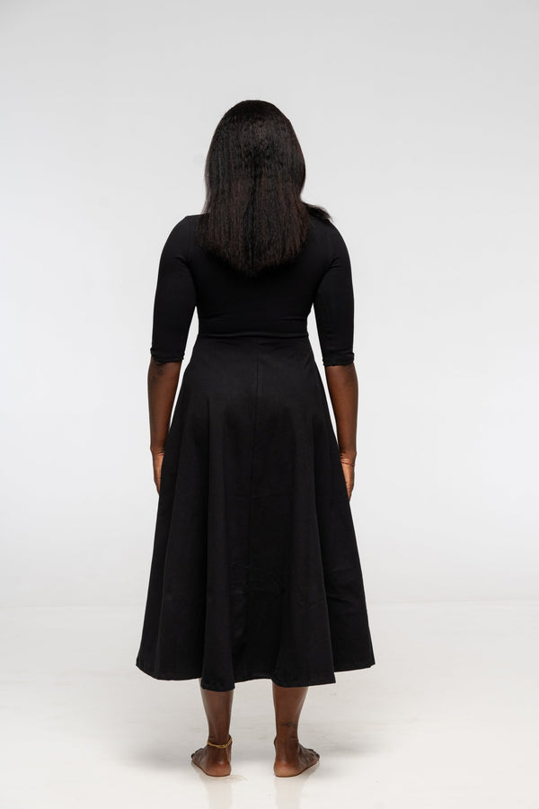 U Front Dress Midi Regular A - line (6/7 sleeves) in Black - Manners London
