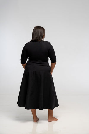 U Front Dress Midi Regular A - line (6/7 sleeves) in Black - Manners London