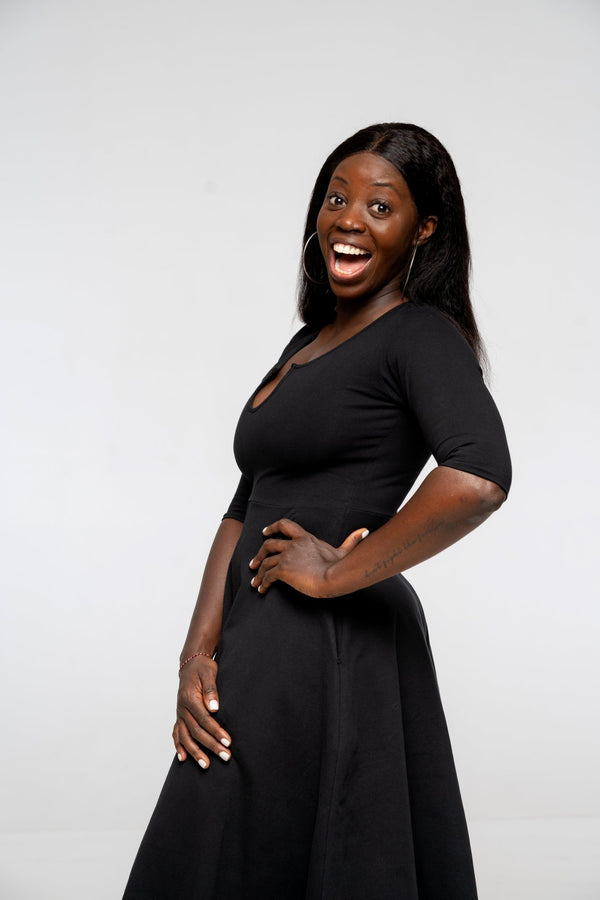 U Front Dress Midi Regular A - line (6/7 sleeves) in Black - Manners London