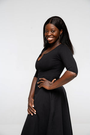 U Front Dress Midi Regular A - line (6/7 sleeves) in Black - Manners London