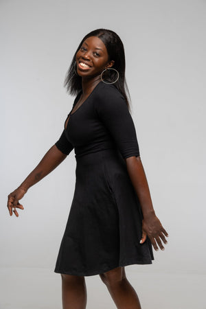 U Front Dress Mini A - line (6/7 sleeves) in Black - Manners London