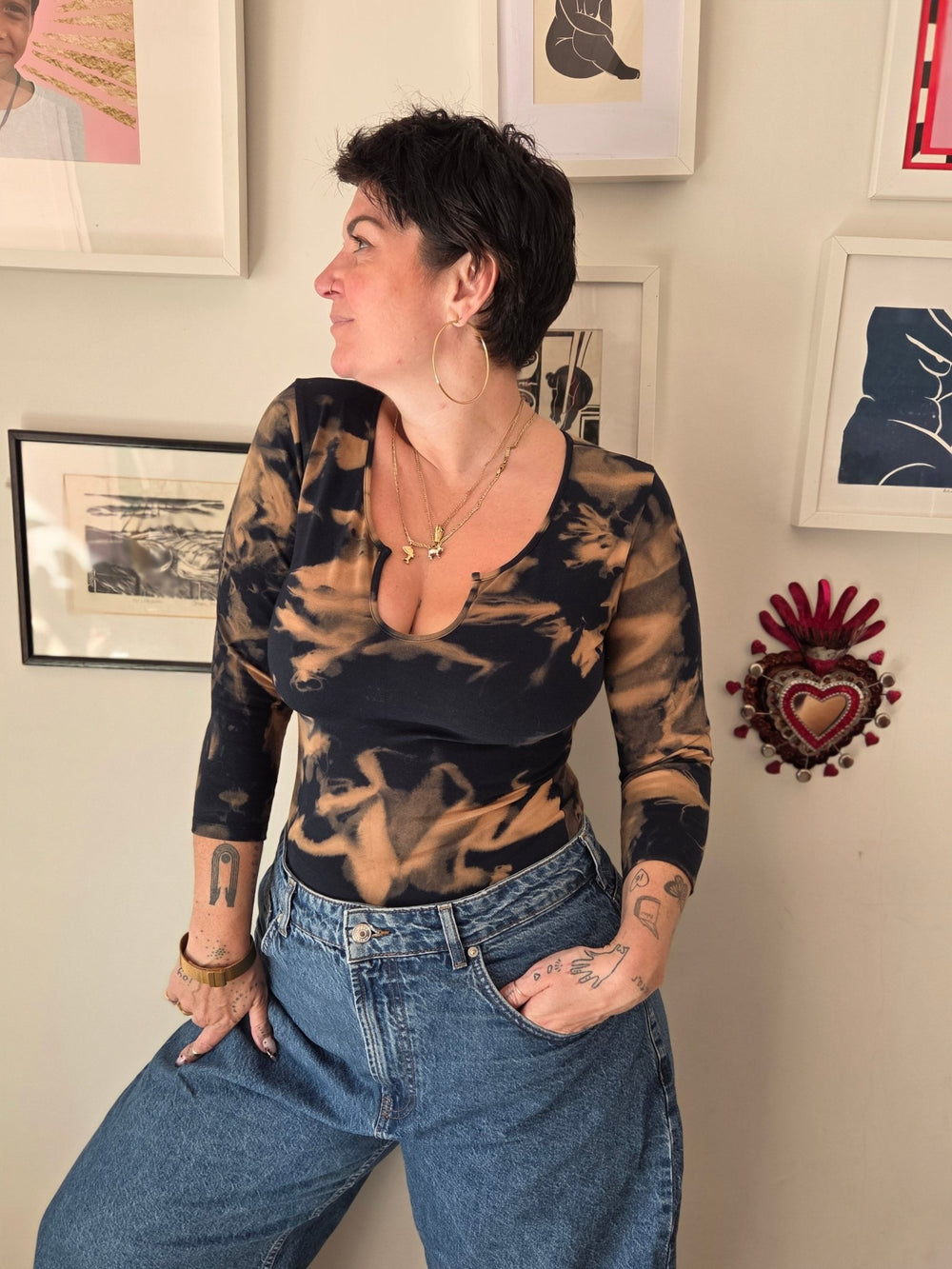 U Front Full Length Top with sleeves in Acid Wash - Manners London