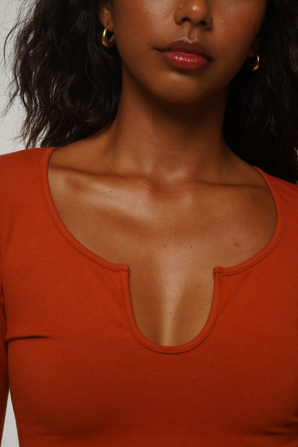 U Front Full Length Top with sleeves in Burnt Orange - Manners London