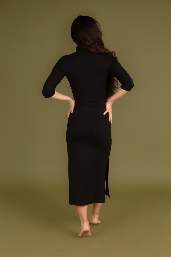 Zip Midi Dress 3/4 Sleeve in Black - Manners London