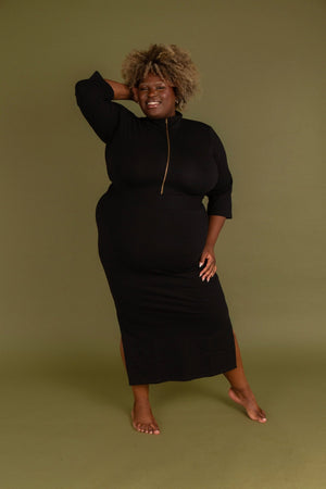 Zip Midi Dress 3/4 Sleeve in Black - Manners London